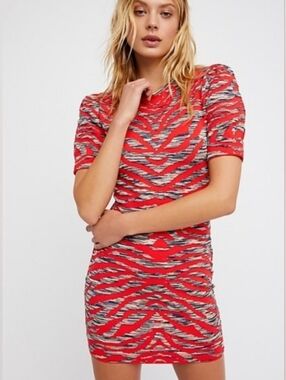 NWT Free People Red Zebra Print Bodycon Dress M Textured Knit Y2K Club